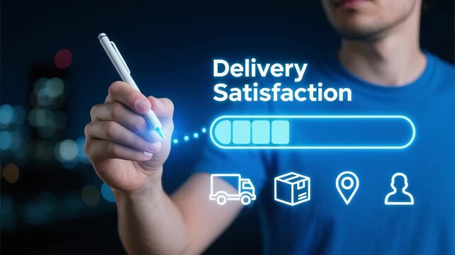 Delivery satisfaction business interacts with customer data and virtual interface enhancing engagement and advertising trends with insights for improved online service experience