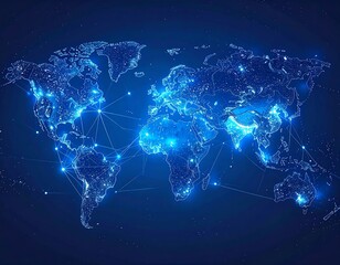 A digital representation of Earth rendered in blue. Networks of light connect continents, emphasizing urban centers and global communication