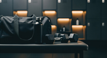 Black gym bag and water bottle placed on bench beside dumbbells in modern fitness locker room, showcasing workout essentials and strength training atmosphere
