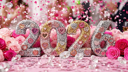 Romantic Glitter 2026 New Year Celebration with Roses and Heart Decorations