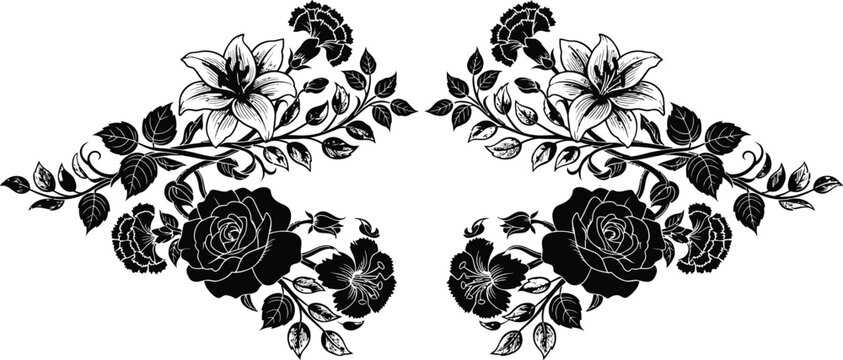 Symmetrical floral arrangement with roses and foliage in a vintage ink style
