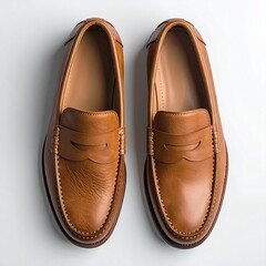 Pair of light brown leather loafers.  Top-down view