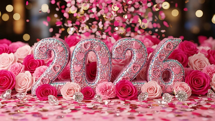 Pink Glitter 2026 New Year Celebration with Roses, Confetti and Sparkling Hearts