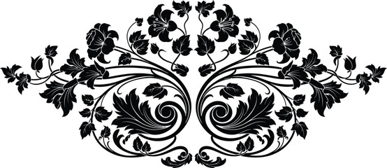 Elegant floral design in black and white creating a symmetrical ornamental pattern © MstSharibun