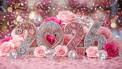 Romantic Glitter 2026 New Year Design with Roses, Diamonds and Heart Decorations