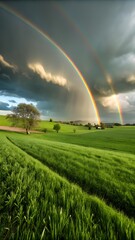 Double Rainbow over Rolling Green Landscape: A captivating double rainbow graces a vibrant green field, painting a picturesque scene of hope and beauty under a dynamic sky. 