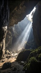 Celestial Grotto: A breathtaking capture of a cavern bathed in celestial light, with rays of sunlight illuminating the interior. Revealing nature's profound beauty.