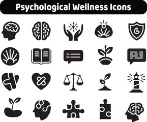 Psychological Wellness Icons: Mental Health and Balance Glyphs