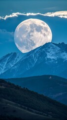 Majestic Moonrise over Mountain: A breathtaking panorama of nature, where the moon ascends gracefully, illuminating the rugged mountain peaks and setting the scene for a night of magic.
