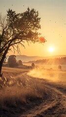 Golden Sunrise over Rural Landscape:  The golden sunrise casts a warm, ethereal glow over a rustic, rural landscape. A winding path beckons through fields,  framed by a majestic tree.