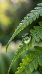 Water Droplet on a Fern: A close-up showcases a clear water droplet delicately perched on a lush, vibrant green fern, capturing the essence of life's purity. 