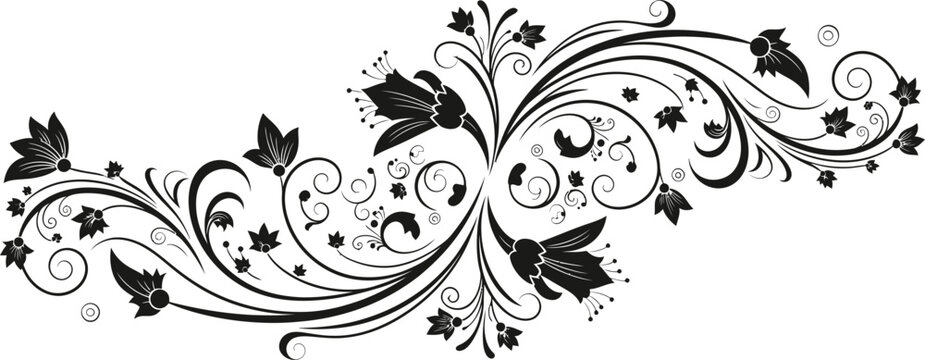Elegant floral swirl design with butterflies in black and white vector illustration