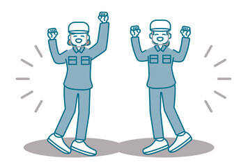 元気にガッツポーズをするヘルメットを被った作業服の女性たち