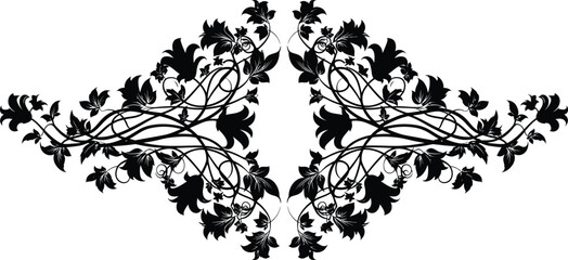 Symmetrical black and white botanical illustration of delicate tree branches and foliage