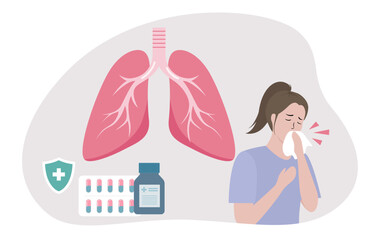 Lung-Related Illness and Treatment. A person with respiratory symptoms like coughing, alongside lungs, medication, and a shield, highlighting lung health issues and their medical management.
