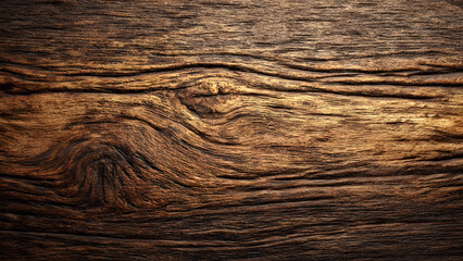 Close-up of dark brown wooden texture with natural grain pattern and warm lighting effects on surface.