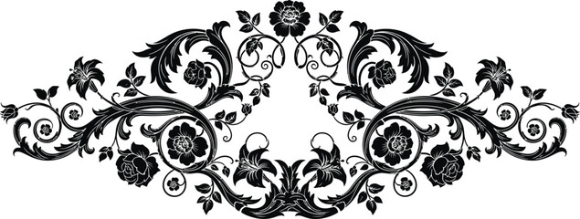 Elegant black and white floral design resembling symmetrical baroque ornamentation