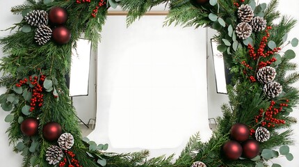 Festive Wreath: A beautifully crafted Christmas wreath adorned with evergreen foliage, glistening red ornaments, and pinecones. Capturing the spirit of holiday cheer and seasonal decor.