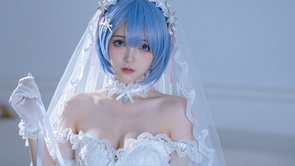 Captivating young woman in an elegant white bridal gown, embodying a dreamlike character from a romantic picture book, gazing softly at the viewer