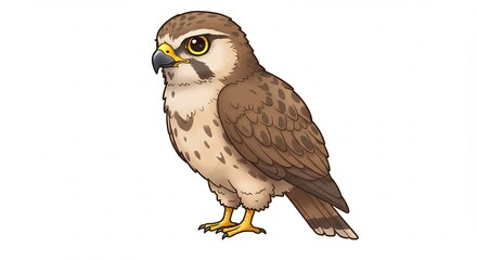 Obraz premium Charming animated hawk with detailed brown and white feathers and bright yellow eyes gazing curiously on white. AI Generated
