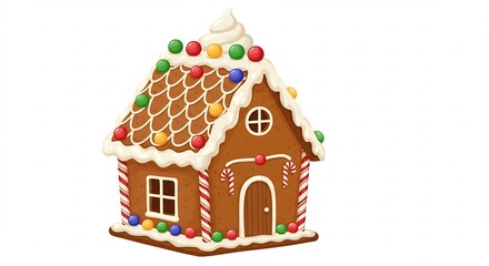 Sweetly decorated gingerbread house with bright candy ornaments and white icing trim a cheerful festive cartoon illustration. AI Generated