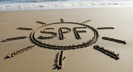 Sun Symbol and SPF Letters on Sandy Shore &mdash; UV protection theme