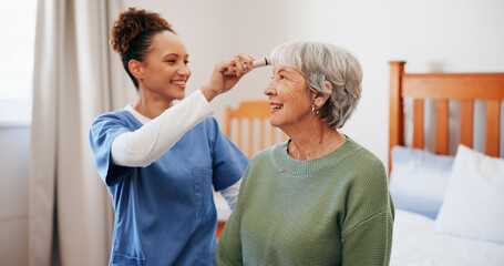Fototapeta premium Senior woman, nurse and brush for hair care in bedroom, happy and helping hand with grooming routine. Elderly person, caregiver and comb with smile, conversation or assisted living in retirement home