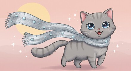 A cute gray tabby kitten happily walks with its sparkling blue scarf blowing softly in the whimsical pink background.. AI Generated