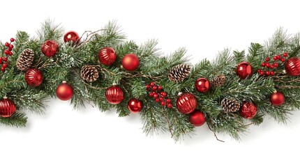 Festive Garland of the Season: A vibrant garland of evergreens, adorned with lustrous red ornaments and pinecones, evokes the joyous spirit of the holidays, adding warmth and color to any space.