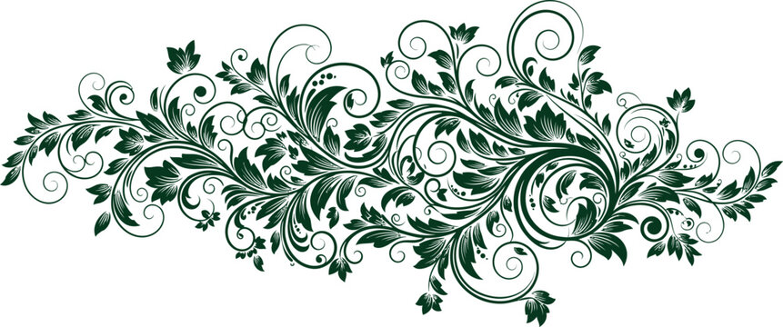 Elegant swirling floral design with detailed leaves and decorative flourishes in dark green