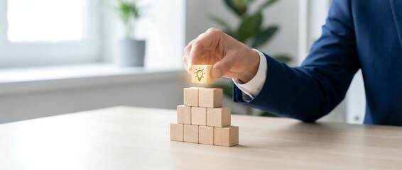 Building Blocks of Success: A hand meticulously places a block on top of a pyramid, representing the final touch in a project.