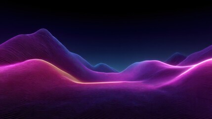 Abstract digital landscape with glowing lines and waves in vibrant pink and blue colors against a dark background showcasing modern visual art