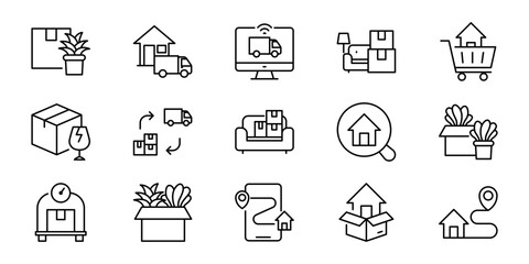 Fototapeta premium Modern Home Delivery, Moving, and Logistics Service Icon Set. Outline Symbols for E-commerce, Packaging, and Relocation Solutions for Web & Mobile Apps