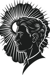 A retro black and white illustration of a determined man's profile against a radiant sunburst.