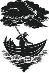 A lone boatman navigates choppy waters beneath dark and menacing storm clouds.