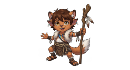 Charming anthropomorphic fox cub character with a staff ready for adventure.