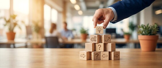 Building the Foundation of Innovation: A person carefully places a building block with a lightbulb symbol atop a pyramid of wooden blocks, symbolizing the genesis of an idea, strategy, or innovation