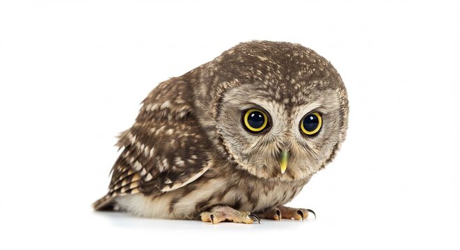 Adorable small spotted owl with big eyes looks curiously from a brightly lit white studio background. AI Generated