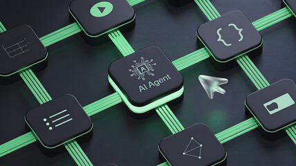 Digital key unlocking an artificial intelligence agent system surrounded by glowing network nodes representing complex programming functions and data flow pathways