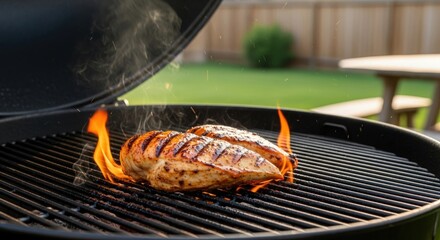 Juicy Grilled Chicken Breast Cooking on Backyard Barbeque