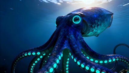 Bioluminescent blue octopus creature swimming deep underwater near sunlit surface with glowing tentacles and large eyes a mysterious cephalopod portrait in dark ocean depths fantasy sea life art