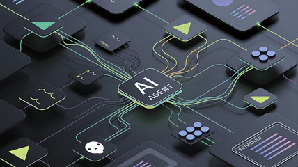 Central artificial intelligence agent processing complex data streams through interconnected nodes in a futuristic digital network infrastructure concept design