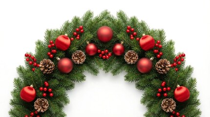 Festive Wreath: A vibrant, elegant wreath adorned with lush green pine branches, bright red ornaments, and charming pine cones, encapsulating the spirit of holiday cheer and festive decorations.
