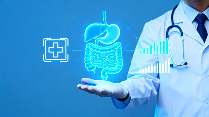 Doctor presenting holographic digestive system analysis with medical cross icon and rising bar charts for gastrointestinal health monitoring and advanced healthcare technology concepts