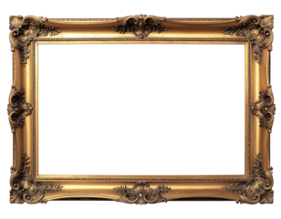Vintage gold leaf wooden frame featuring embossed patterns, Isolated on a transparent background