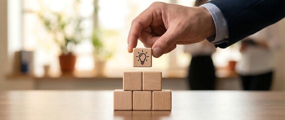 Constructing Ideas: A hand carefully places a wooden block adorned with a lightbulb icon atop a pyramid of blocks, symbolizing the building of concepts, idea generation, and progress.