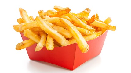 A box of golden french fries overflowing, isolated on a white background with soft shadows below