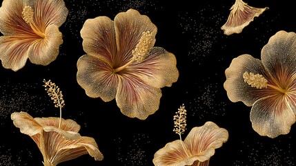 Golden hibiscus flowers on black background with gold specks floral pattern