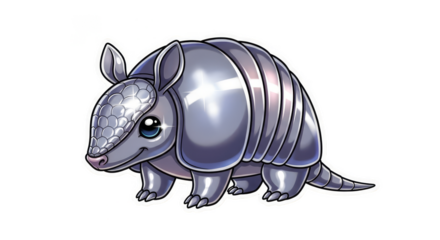 Cute cartoon armadillo with shiny metallic shell and big eyes.