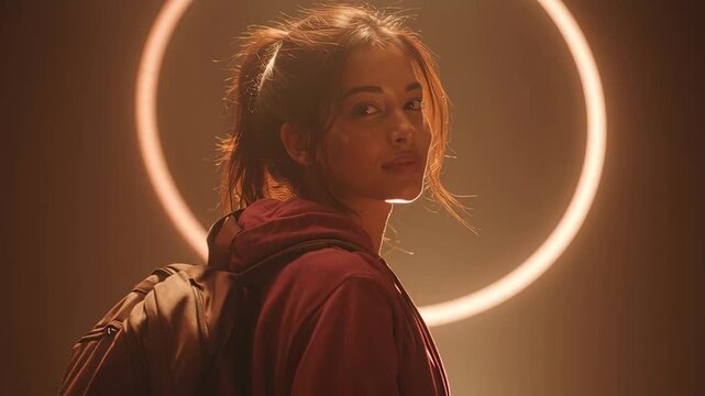 Energetic young woman with a backpack smiling confidently in a futuristic setting with glowing rings